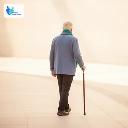 Rider walking with a cane