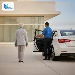 Rider walking on their own to a Dream Care Rides sedan while the driver holds the door