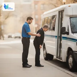 Driver steadying a rider at the curb beside the vehicle